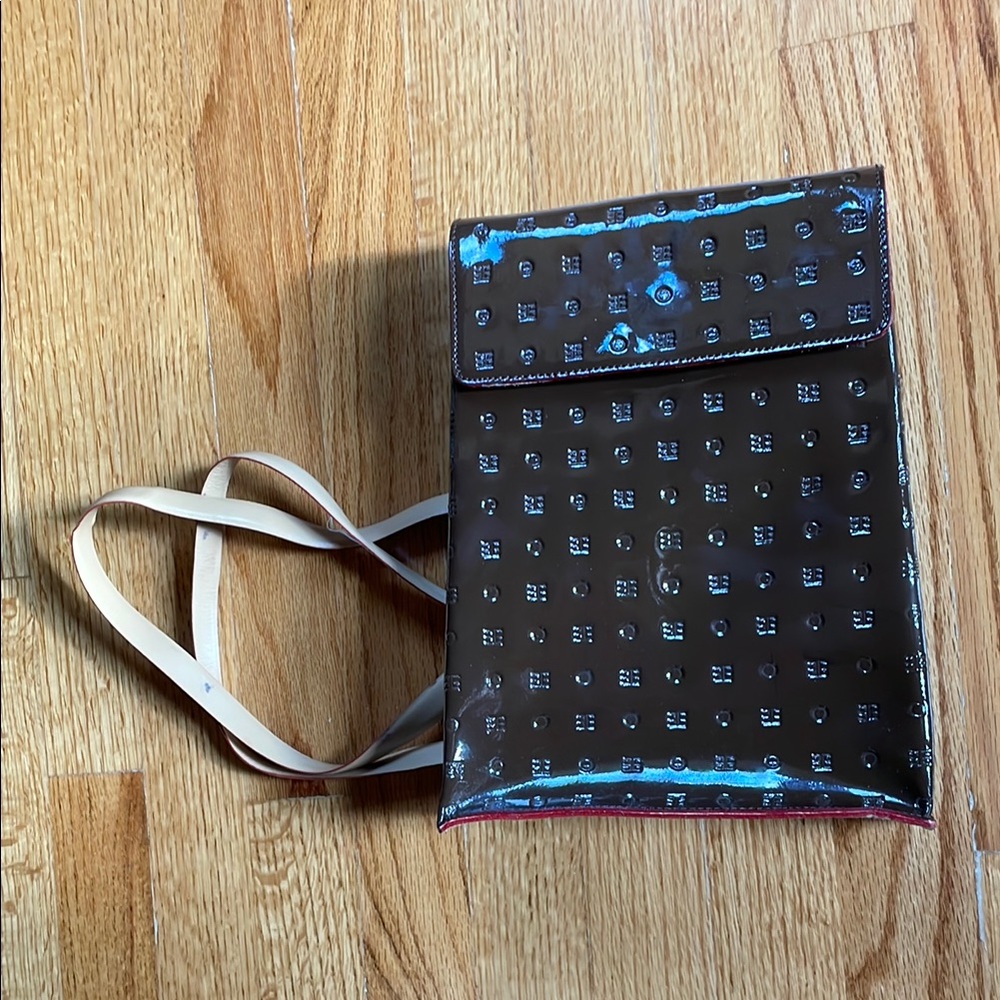 Arcadia, Brown, Authentic Patent Leather Bag with Beige and Red Details.